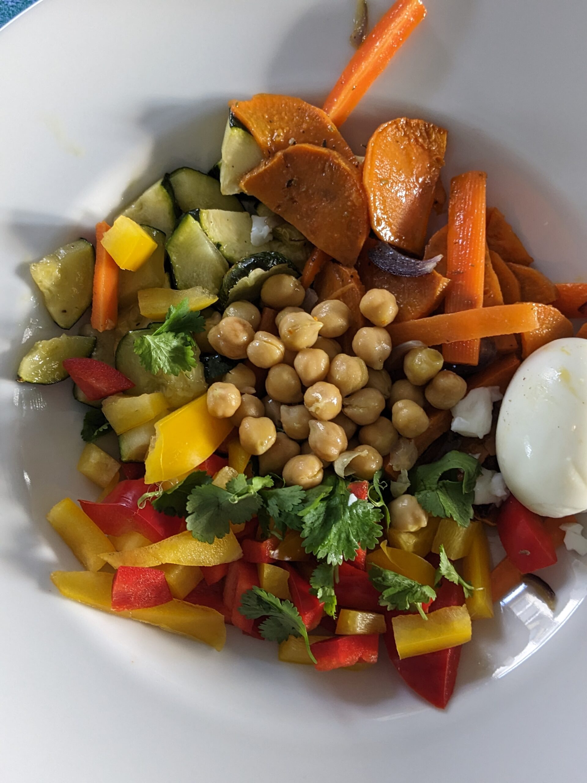 Colorful Roasted Veggie & Chickpea Bowl with a Soft-Boiled Egg