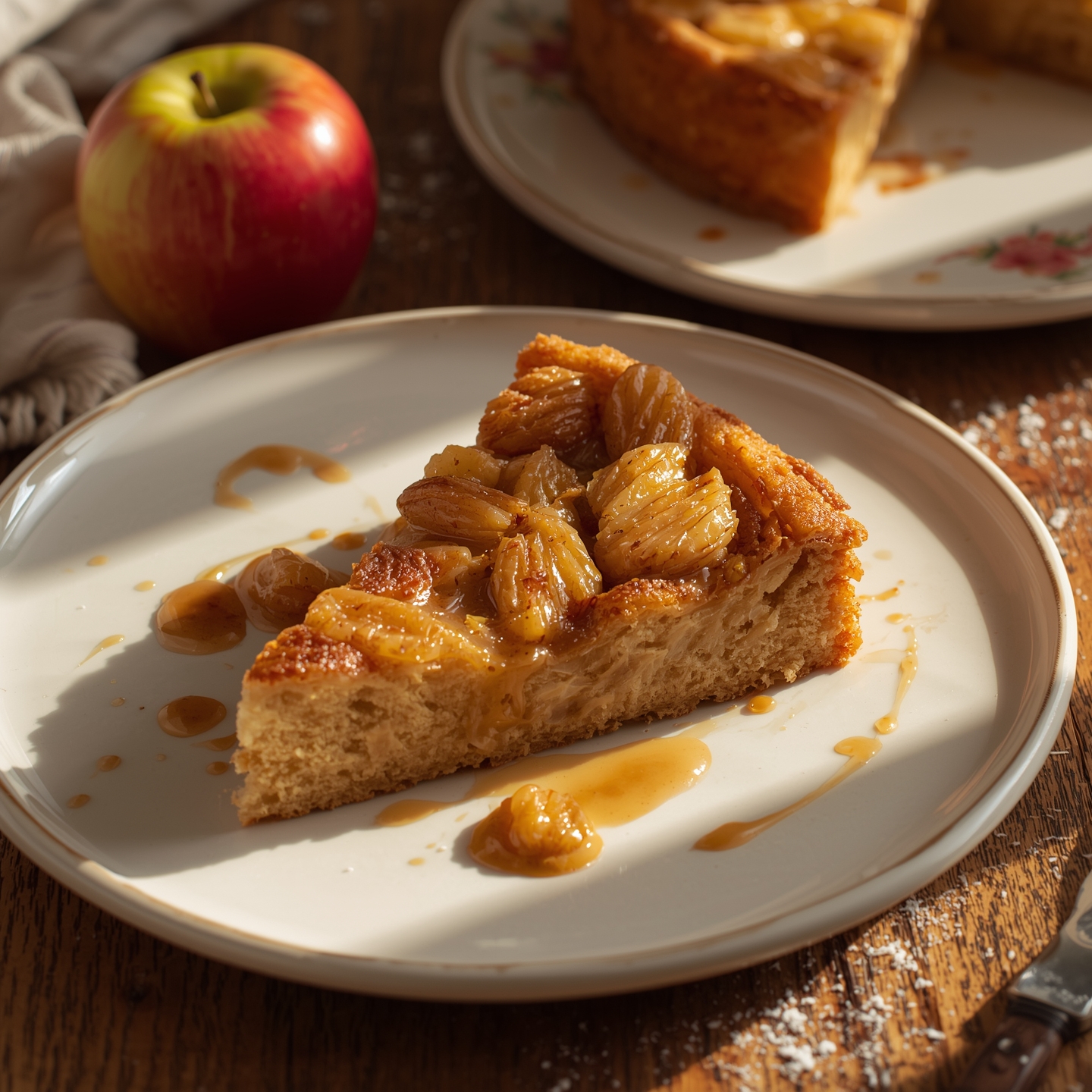 Sunday Sweetness: Glazed Apple & Golden Raisin Cake with Warm Caramel Drizzle